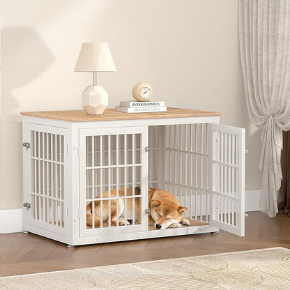 rehomerance 38 Inch Heavy Duty Dog Crate Furniture for Large and Medium Dogs, Decorative Pet House End Table, Wooden Cage Kennel Furniture Indoor, Natural and White