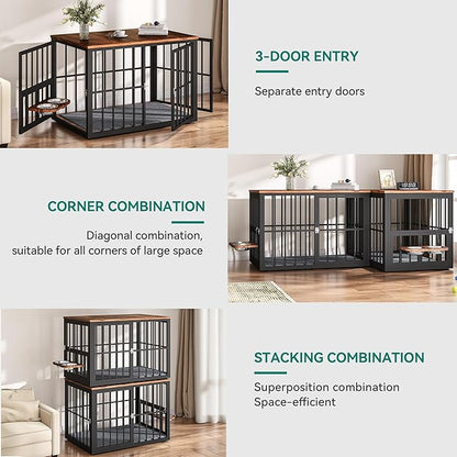 YITAHOME 77.6" Large Corner Dog Crate Furniture for 2 Dogs, Steel Frame Cage with Double Doors & Bowls & 3 Doors, Double Dog Crate Furniture TV Stand for Medium Large Dogs, Brown