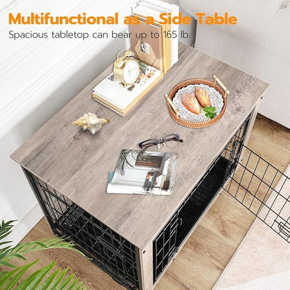 HOOBRO Dog Crate Furniture, 38.6" Large Dog Kennel Indoor, Wooden Cage with Pull-Out Tray, Double Doors Pet House Side End Table for Large/Medium/Small Dogs, Greige BG982GW03
