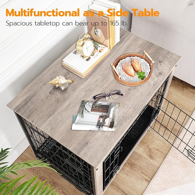 HOOBRO Dog Crate Furniture, 32.5" Medium Dog Kennel Indoor, Wooden Cage with Pull-Out Tray, Double Doors Pet House Side End Table for Medium/Small Dogs, Greige BG802GW03