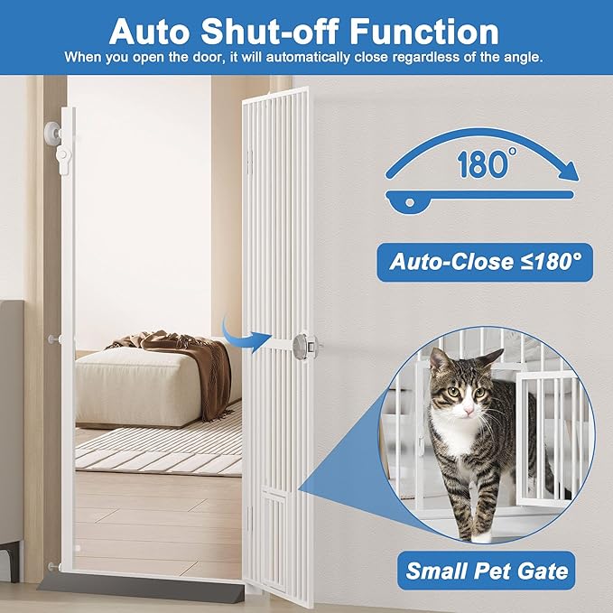 61" Extra Tall Cat Gate for Doorway, 30.2"-32.6" Adjustable Wide Dog Door with Cat Door, 1.37" Gap for Pet Gates, Suitable for Doorways or Kitchen, No Drilling Pressure Mount Kit, White