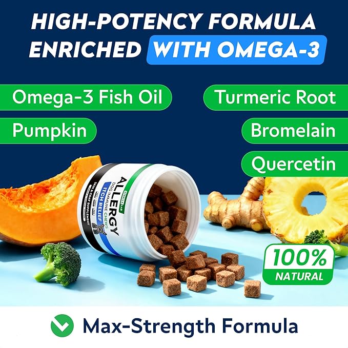 StrellaLab Dog Allergy Relief & Anti Itch Support Chews w/Omega 3: Real Ingredients, Real Taste! Skin & Coat Immune Supplement w/Fish Oil, Pumpkin & Enzymes — Developed by Experts - Made in USA -180Ct
