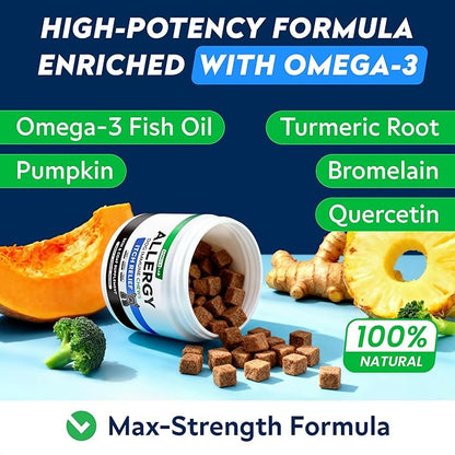 StrellaLab Dog Allergy Relief & Anti Itch Support Chews w/Omega 3: Real Ingredients, Real Taste! Skin & Coat Immune Supplement w/Fish Oil, Pumpkin & Enzymes — Developed by Experts - Made in USA -180Ct