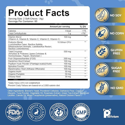 Probiotics for Dogs Supports Digestive Health, Natural Probiotic Supplement with Digestive Enzymes and Prebiotic, Probiotic Chews for Dogs Gut Health, Relieve Diarrhea, Itchy Skin, Enhance Immunity