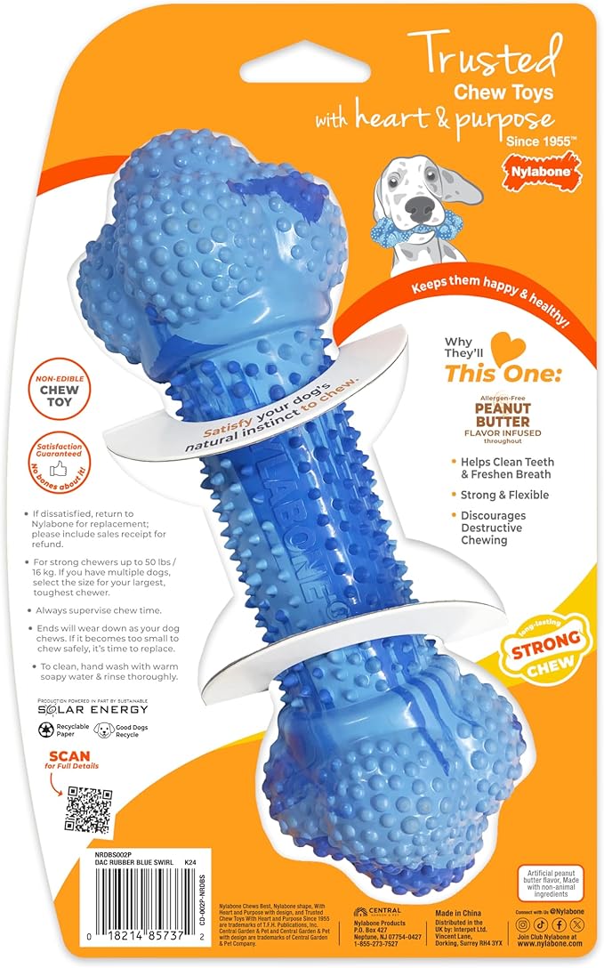 Nylabone Double Action Bone Strong Chew Toy for Dogs, Natural Rubber Dog Toy for Boredom, Peanut Butter Flavor, Large Dogs - Up to 50 lbs, 1 Count