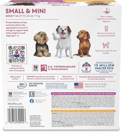 Hill's Science Diet Small & Mini, Adult 1-6, Small & Mini Breeds Premium Nutrition, Wet Dog Food, Variety Pack: Chicken & Vegetables; Salmon & Vegetables Stew, 3.5 oz Tray Variety Pack, Case of 12