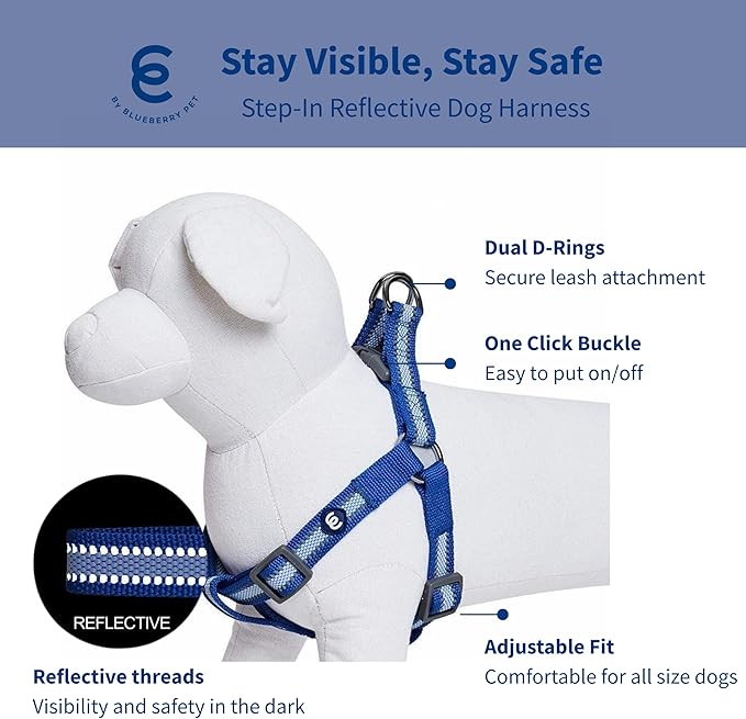 Blueberry Pet Essentials Reflective Back to Basics Matching Dog Harness and Leash Set, Navy Blue, Adjustable Harness with 5 ft Leash for Medium Dogs