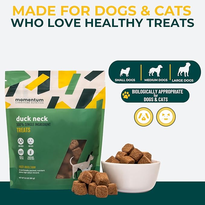 Momentum Carnivore Nutrition Freeze-Dried Duck Neck Dog Treats & Cat Treats – Single-Ingredient, High-Protein, Grain-Free, Natural Crunchy Chew – Made in USA – 3 oz Bag