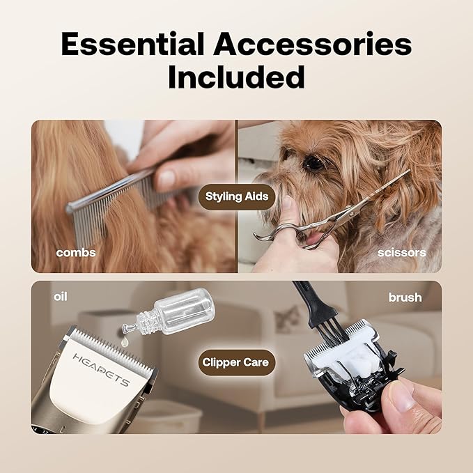 HEAPETS Dog Grooming Clippers, Low Noise, Electric Quiet, Adjustable Clipper Comb, Rechargeable Cordless Dog Hair Clippers for Dogs Cats Pets, Gold