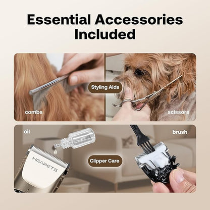 HEAPETS Dog Grooming Clippers, Low Noise, Electric Quiet, Adjustable Clipper Comb, Rechargeable Cordless Dog Hair Clippers for Dogs Cats Pets, Gold
