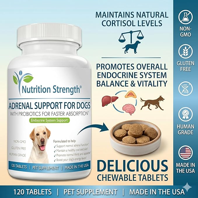 Adrenal Support for Dogs, Support for Dogs with Cushing's Disease, Maintain a Healthy Coat and Skin, Promote Normal Urination, Thirst and Appetite, 120 Chewable Tablets