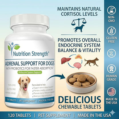 Adrenal Support for Dogs, Support for Dogs with Cushing's Disease, Maintain a Healthy Coat and Skin, Promote Normal Urination, Thirst and Appetite, 120 Chewable Tablets