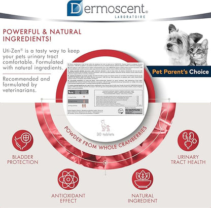 Dermoscent UTI-Zen Cranberry Tablets for Dogs & Cats Food Supplement for Bladder, Kidney & Urinary Tract Health Chicken Flavoured - 30 Tablets