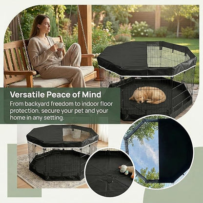 PJYuCien Dog Playpen with Top Cover and Bottom Pad - Metal Foldable Exercise Pen, 8 Panels 42" H x 24" W Indoor Outdoor Pet Fence Puppy Crate Kennel, Black