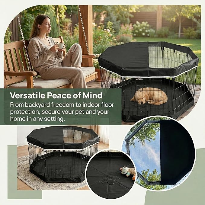 PJYuCien Dog Playpen with Top Cover and Bottom Pad - Metal Foldable Exercise Pen, 8 Panels 36" H x 24" W Indoor Outdoor Pet Fence Puppy Crate Kennel, Black
