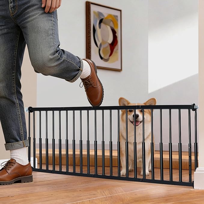 10''-15.8'' Height Adjustable Dog Gate, Extra Wide 18.1"-46" All Metal Short Dog Gate to Step Over, Pressure Mount Small Pet Puppy Gate for Stairs & Doorways(Black)