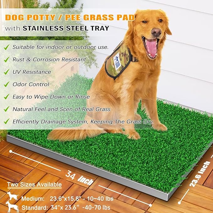 Dog Grass Pad with Tray - 34"x23.6" Large Dog Potty Indoor Outdoor - Odor-Free 4-Layer Drainage System with Stainless Steel Tray - Artificial Grass Turf for Large to Small Dogs, Balcony & Porch