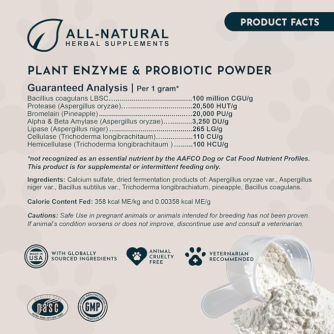 Animal Essentials Plant Enzyme & Probiotics - Probiotics & Digestive Enzymes for Dogs & Cats, Natural Daily Gut & Digestion Support Supplement for Pets, Plant Based - 3.5 Oz