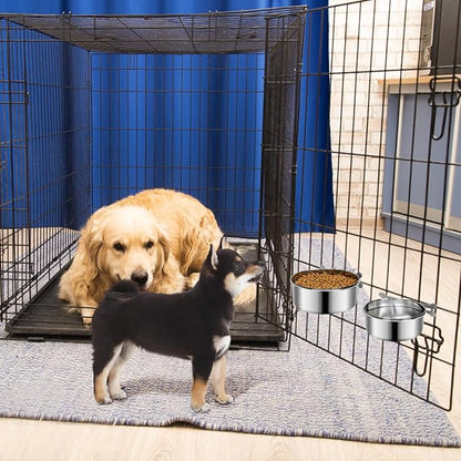 2 Pcs Small Dog Food Water Bowl for Cage with Upgraded Clamp Holder, Pet Kennel Hanging Bowls Stainless Steel Non-Spill Detectable Bowls Crate Feeder for Small Dogs (4.7x2'' & 4x1.8'')
