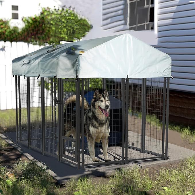 LEMBERI 8x4x4 Outside Dog Kennel with Roof for Large Dogs,Heavy Duty Welded Wire Steel Dog Playpen Fence with Secure Lock, Pet Pen with UV-Resistant Waterproof Cover (93.1''L x 50.4''W x 56.6''H)