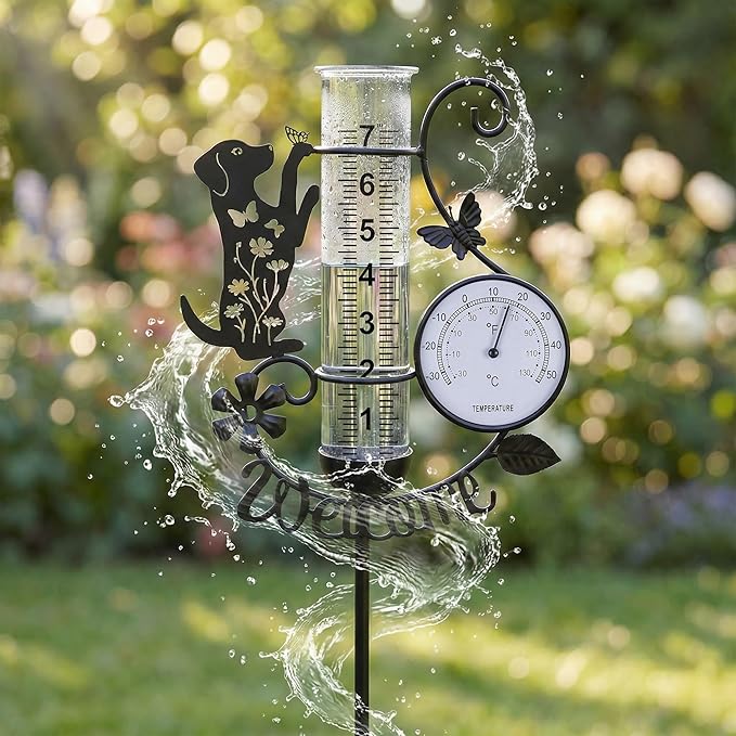 Rain Gauge Outdoor with Thermometer, 7" Capacity Detachable Rain Gauges Outdoors Best Rated with Stake, Cute Dog with Flowers & Butterflies Design Decorative for Garden Yard, Easy-Read Durable