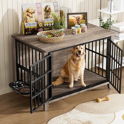 Lulive 37.8" Dog Crate Furniture, Large Wooden Dog Kennel Indoor with 360°& Adjustable Raised Dog Bowls, Double Doors Furniture Decorative Side End Table Dog Cage for Medium Dogs, Grey