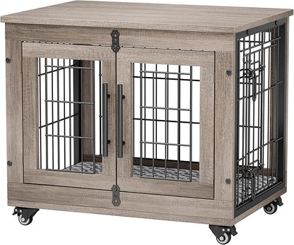 YaFiti Dog Crate Furniture with Cushion, Wooden Dog Kennel Indoor with Double Doors, Dog Cage with Wheels, Dog House Side End Table for Small Dogs up to 30 lb, 27.2" L, Grey