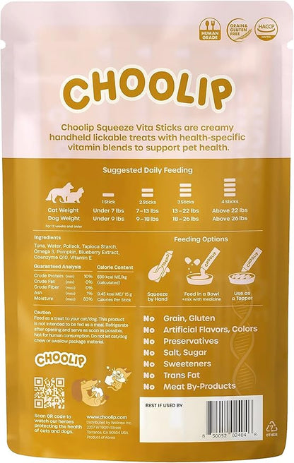 Choolip Squeeze Vita Stick Lickable Cat and Dog Treats, 7-Count Kidney Support, Tuna and Pollack with Pumpkin, Blueberry and Omega-3, Grain-Free, Vet-Formulated