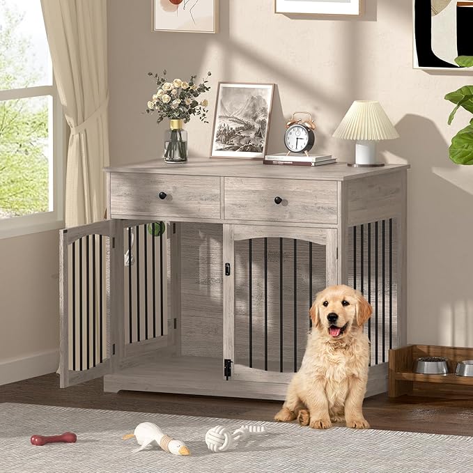 Kucreiheat 40'' Wooden Dog Crate Furniture–Farmhouse Dog Kenel-Multi Purpose Pet House with Double Doors, 2 Drawers, for Small, Medium & Large Dogs–Rustic Grey Finish