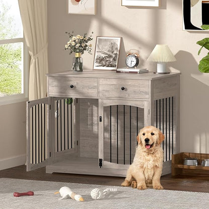 Kucreiheat 40'' Wooden Dog Crate Furniture–Farmhouse Dog Kenel-Multi Purpose Pet House with Double Doors, 2 Drawers, for Small, Medium & Large Dogs–Rustic Grey Finish