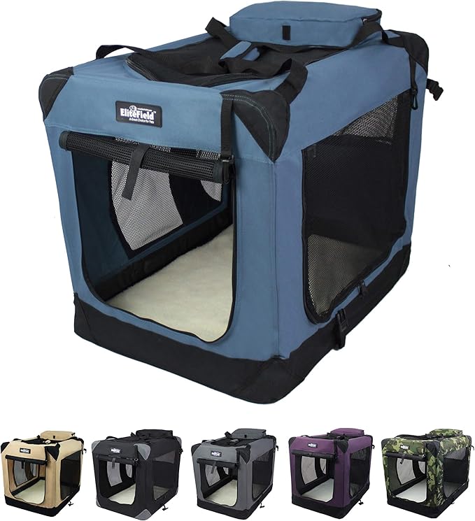 EliteField 3-Door Folding Soft Dog Crate with Carrying Bag and Fleece Bed (2 Year Warranty), Indoor & Outdoor Pet Home (36" L x 24" W x 28" H, Blue Gray)