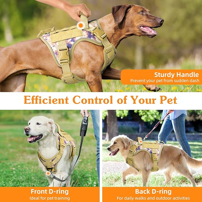 VavoPaw Heavy Duty Tactical Dog Harness for Large Dogs, No Pull Adjustable Pet Harness Reflective Service Training Easy Control Pet Vest Military K9 Working Dog Harnesses, Desert Camouflage, XL