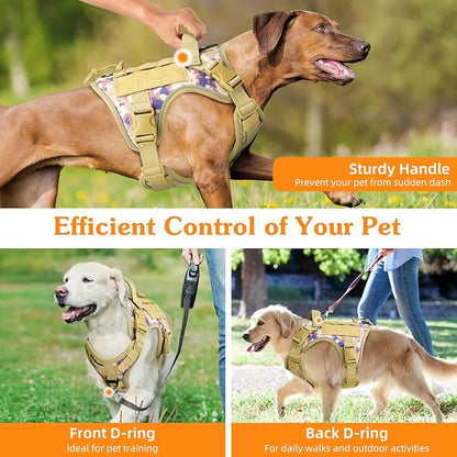 VavoPaw Heavy Duty Tactical Dog Harness for Large Dogs, No Pull Adjustable Pet Harness Reflective Service Training Easy Control Pet Vest Military K9 Working Dog Harnesses, Desert Camouflage, XL