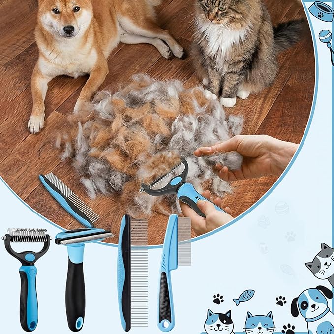 Patelai 4 Pieces Dematting Comb for Dogs Pets Grooming Tools for Dogs and Cats - Fine Tooth Comb, Deshedding Tool & Double-sided Tools Set Ideal for Long/short Hair, Knot Removal