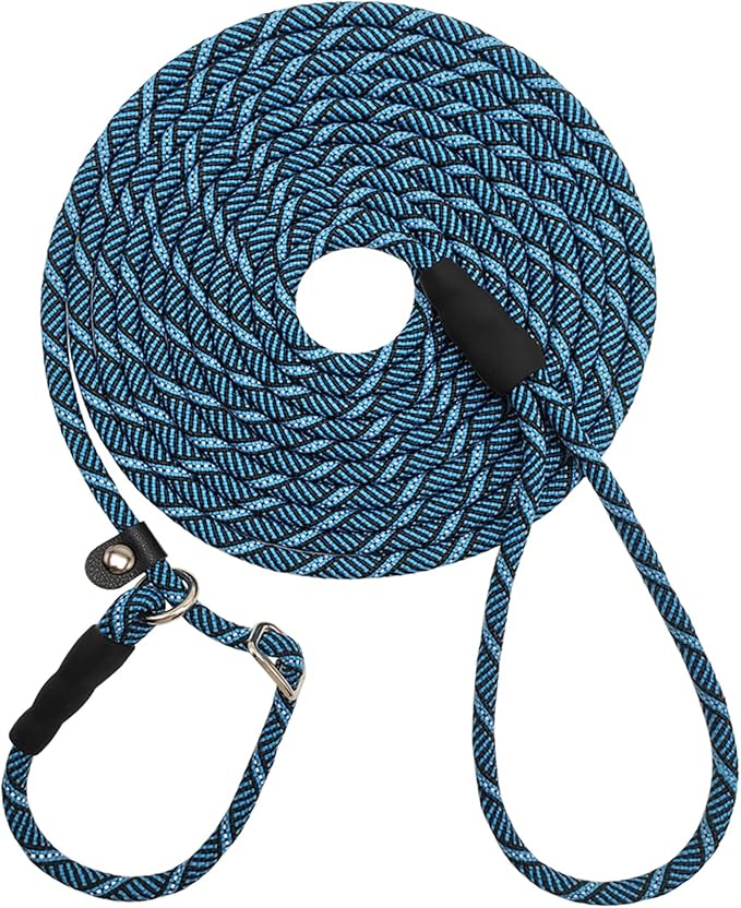 30FT Long Slip Lead Dog Leash, 12FT/ 20FT/ 50FT Anti-Choking Reflective Nylon Rope Training Leash for Medium Small Dogs Outdoor Behavior Active Playing (Blue)