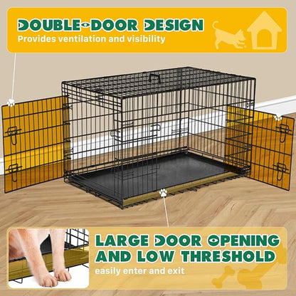 DUMOS Dog Crate, 36 Inch Medium Double Door Dog Cage with Plastic Leak-Proof Pan Tray, Folding Metal Wire Pet Kennel for Indoor, Outdoor, Travel, Black