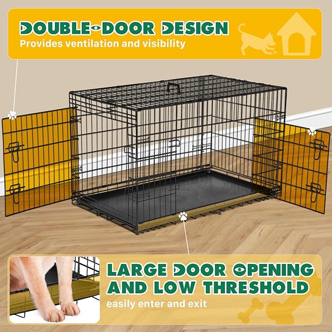 DUMOS Dog Crate with Double Doors, Metal Foldable Pet Cage with Plastic Removable Tray, Portable Large Kennel for Outdoor Indoor with Handle, Black, 42 Inch