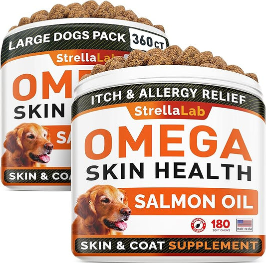 STRELLALAB Omega 3 for Dogs - (360Ct) Fish Oil Treats - Allergy & Itch Relief Skin & Coat Supplement - Dry Itchy Skin, Anti Shedding & Hot Spots Treatment - Pet Salmon Oil Chews - Chicken Flavor