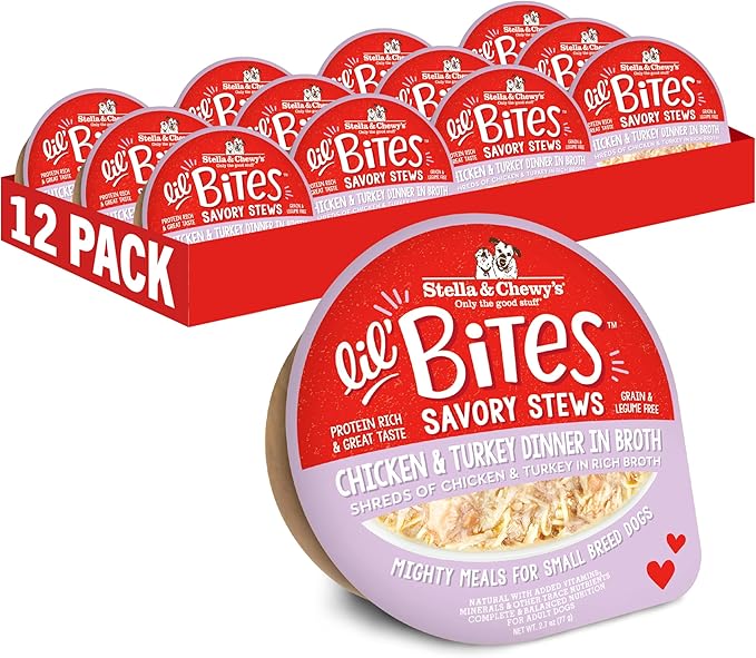 Stella & Chewy's Lil Bites Savory Stews for Small Breeds Chicken & Turkey Dinner in Broth, 2.7 oz Cups (Pack of 12)