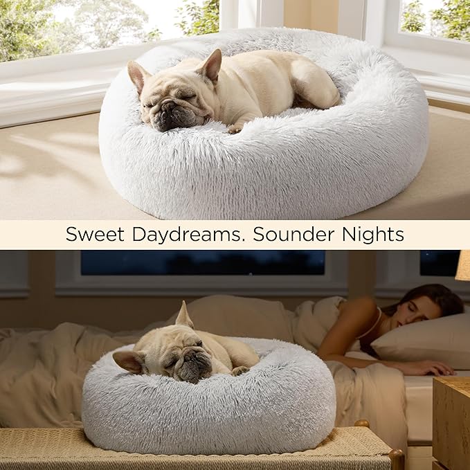 Bedsure Calming Cat Beds for Indoor Cats - Small Cat Bed Washable 20 inches, Anti-Slip Round Fluffy Plush Faux Fur Pet Bed, Fits up to 15 lbs Pets, Frost Grey