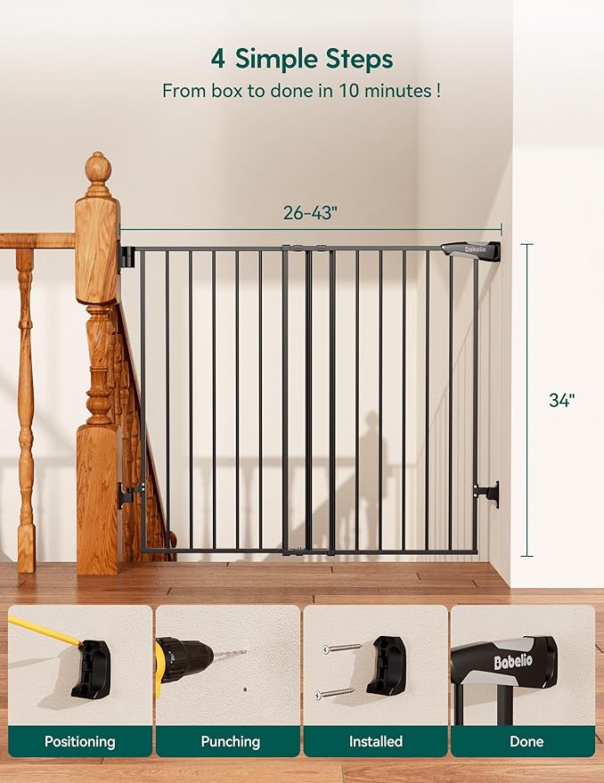 Babelio Baby Gate for Stairs, Kitchen & Doorways, No Bottom Bar| Easy Install| One-Handed Operation| Auto-Close| Hardware Mount Safety Dog Gate (Black - B17, 34" H, 26-43" W-Standard 2 Pcs)