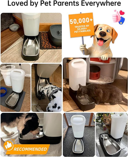 Automatic Dog Water Bowl Dispenser - 2.4 Gallon Gravity Pet Water Dispenser with 304 Stainless Steel Bowl, Dog Auto Feeders Bowls Self Waterer, Easy-Carry Handle for Large Dogs & Cats, Multi-Pet Home