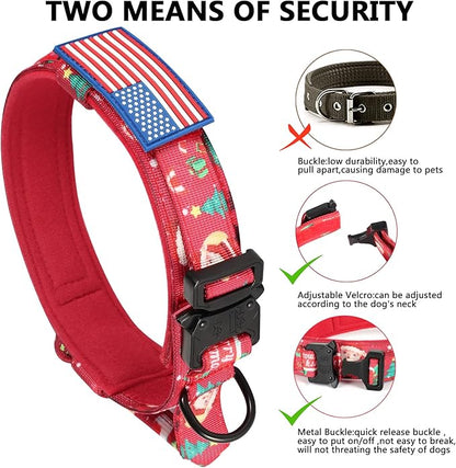 DAGANXI Christmas Tactical Dog Collar, Adjustable Military Training Nylon Dog Collar with Control Handle and Metal Buckle for Medium and Large Dogs, with Patches and Airtags Case (L, Christmas red)
