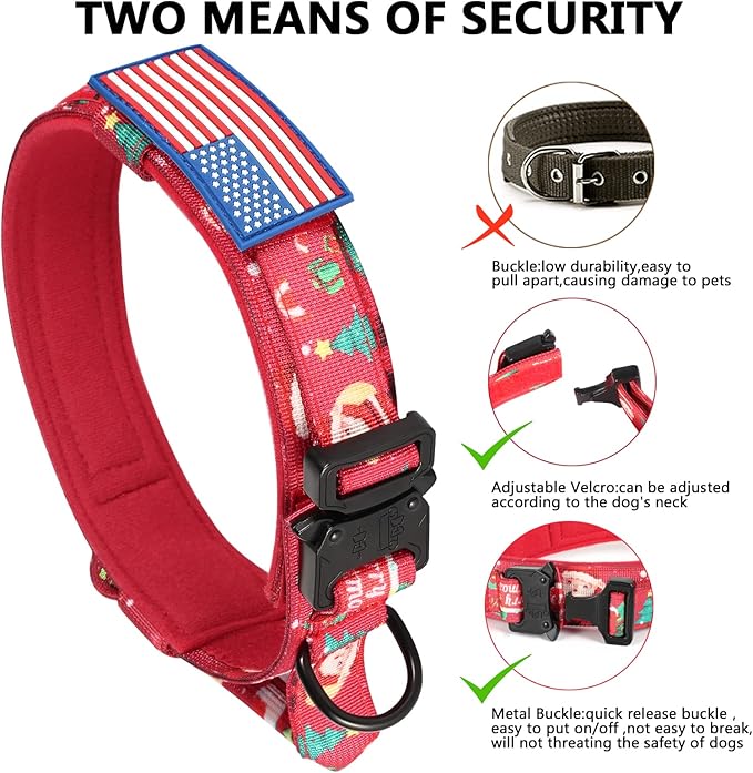 DAGANXI Christmas Tactical Dog Collar, Adjustable Military Training Nylon Dog Collar with Control Handle and Metal Buckle for Medium and Large Dogs, with Patches and Airtags Case (M, Christmas red)