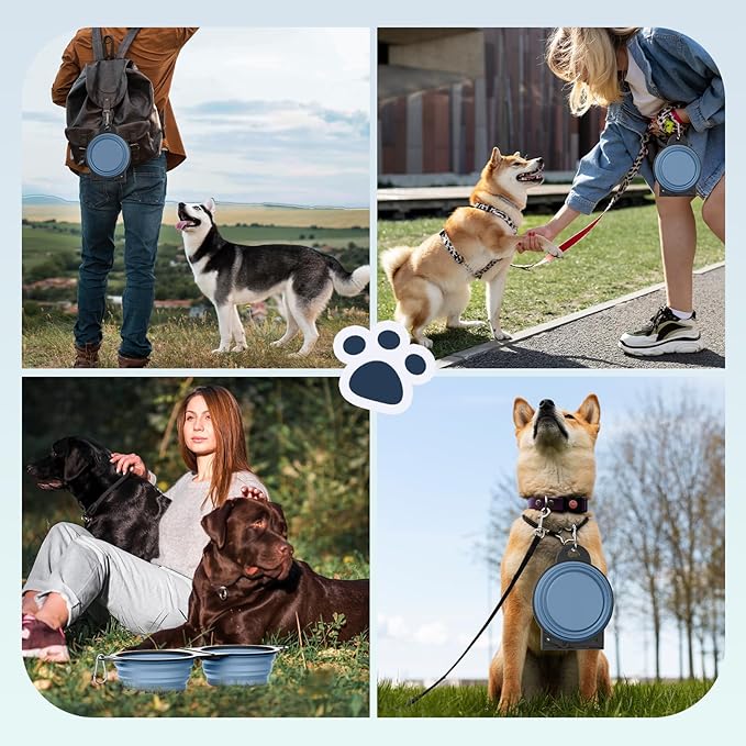 Pawaboo 2-in-1 Collapsible Dog Bowls, Dual Puppy Food and Water Bowls, 180° Flip Over Portable Silicone Dog Bowl with Metal Hook, 450ml Pet Travel Feeder Bowl for Walking Hiking Camping, Morandi Blue