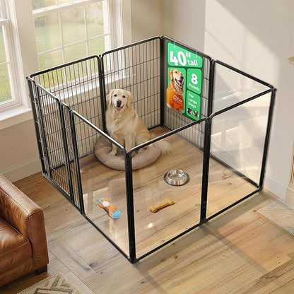 FXW AuraSpace Pro Acrylic & Wire Mesh Indoor Dog Playpen, 40" Height 8 Panels Metal Dog Pen for Medium and Large Dogs, Black│Patented