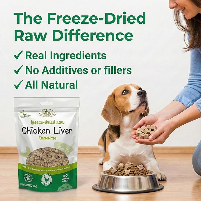 Fieldcrest Farms Freeze-Dried Chicken Liver Dog Food Topper or Treat, 100% Single Ingredient Chicken Liver, High-Protein, Raw & Grain-Free, 12 oz
