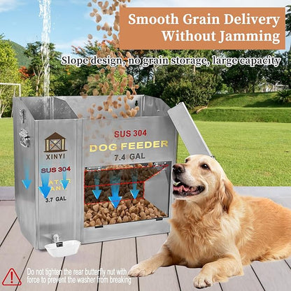 Xinyi Stainless Steel Dog Feeder and Waterer 2-in-1, Gravity Dog Feeder, Aluminum Alloy Water Cup, Automatic Feeder Waterpoof and Sturdy, Transparent Acrylic Observation Window, 7.4 Gallon