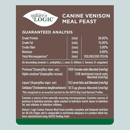 Nature's Logic Dry Dog Food - 100% Natural - No Synthetics - for All Ages, Sizes, Breeds - Free from Common Allergens, High Protein - Venison Meal Feast, 13lbs