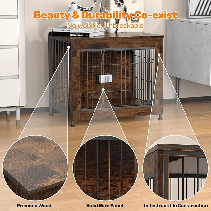 Dog Crate Furniture, Wooden Dog Crate 27in, Decorative Cage with End Table for Dog Indoor Kennel, High Anxiety Dog, Escape-Proof Locks for All Breeds